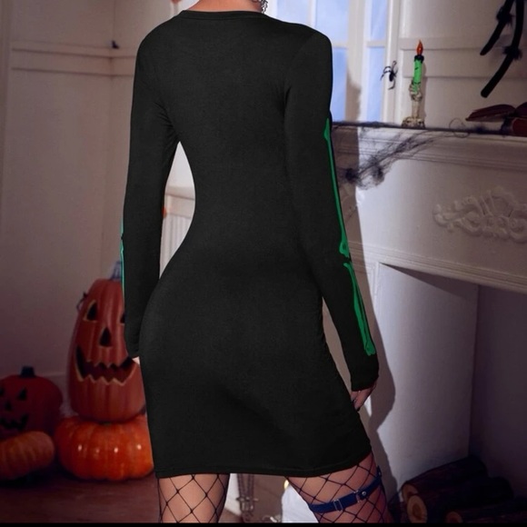 Neon green skeleton bones Bodycon stretchy dress Halloween black light resistant - Picture 5 of 14